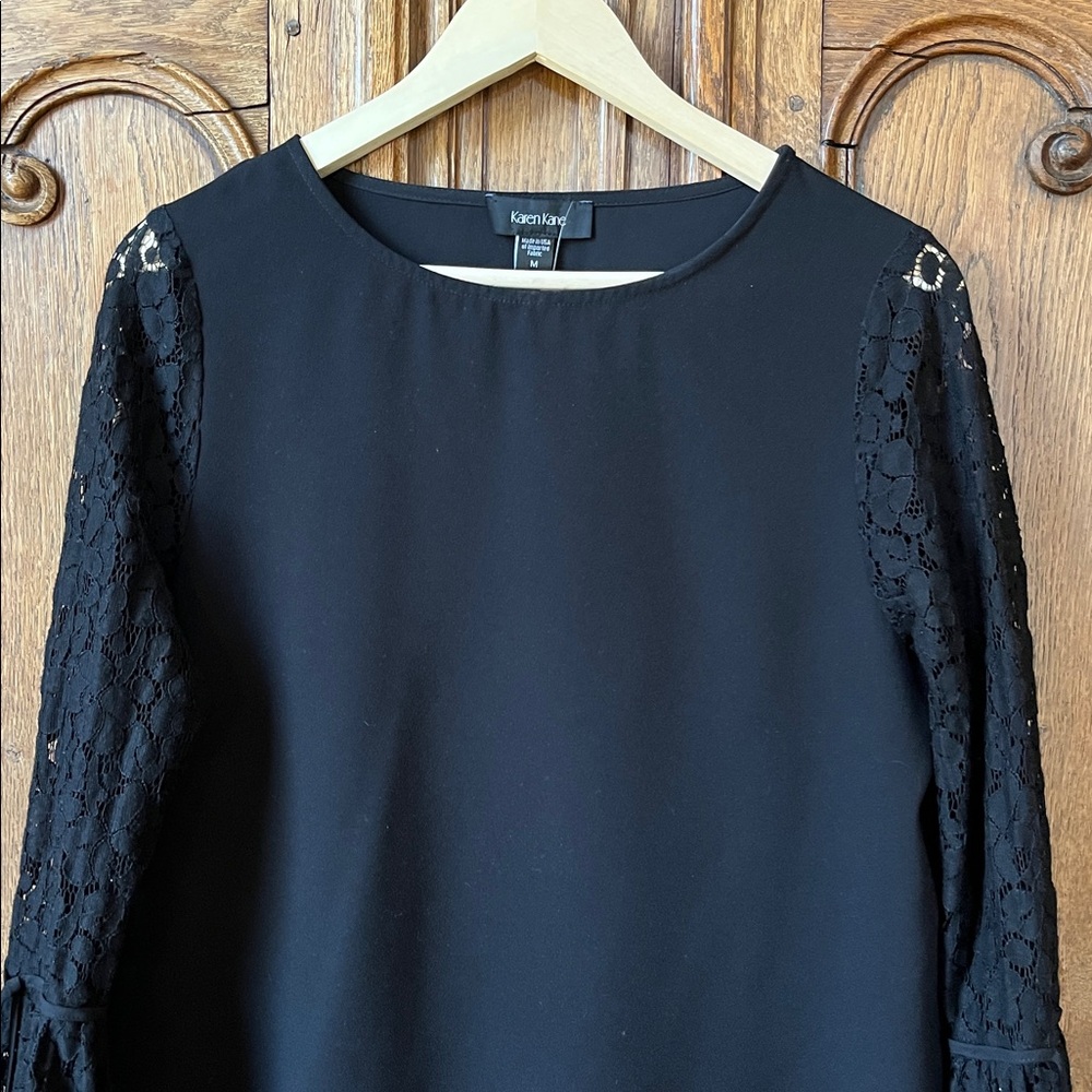 Karen Kane Black Tie Lace Bell Sleeve Crepe Top - Picture 4 of 11